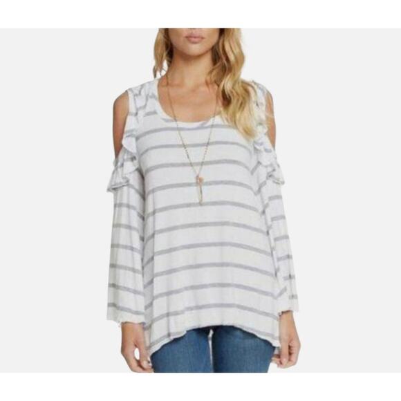 Chaser Tops - Chaser Striped White Gray Long Sleeve Cold Shoulder Top Women's Medium Casual